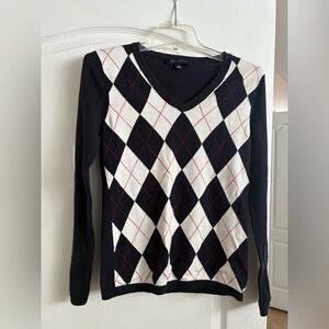 Tommy Hilfiger Navy Blue and White Argyle V-Neck Sweater